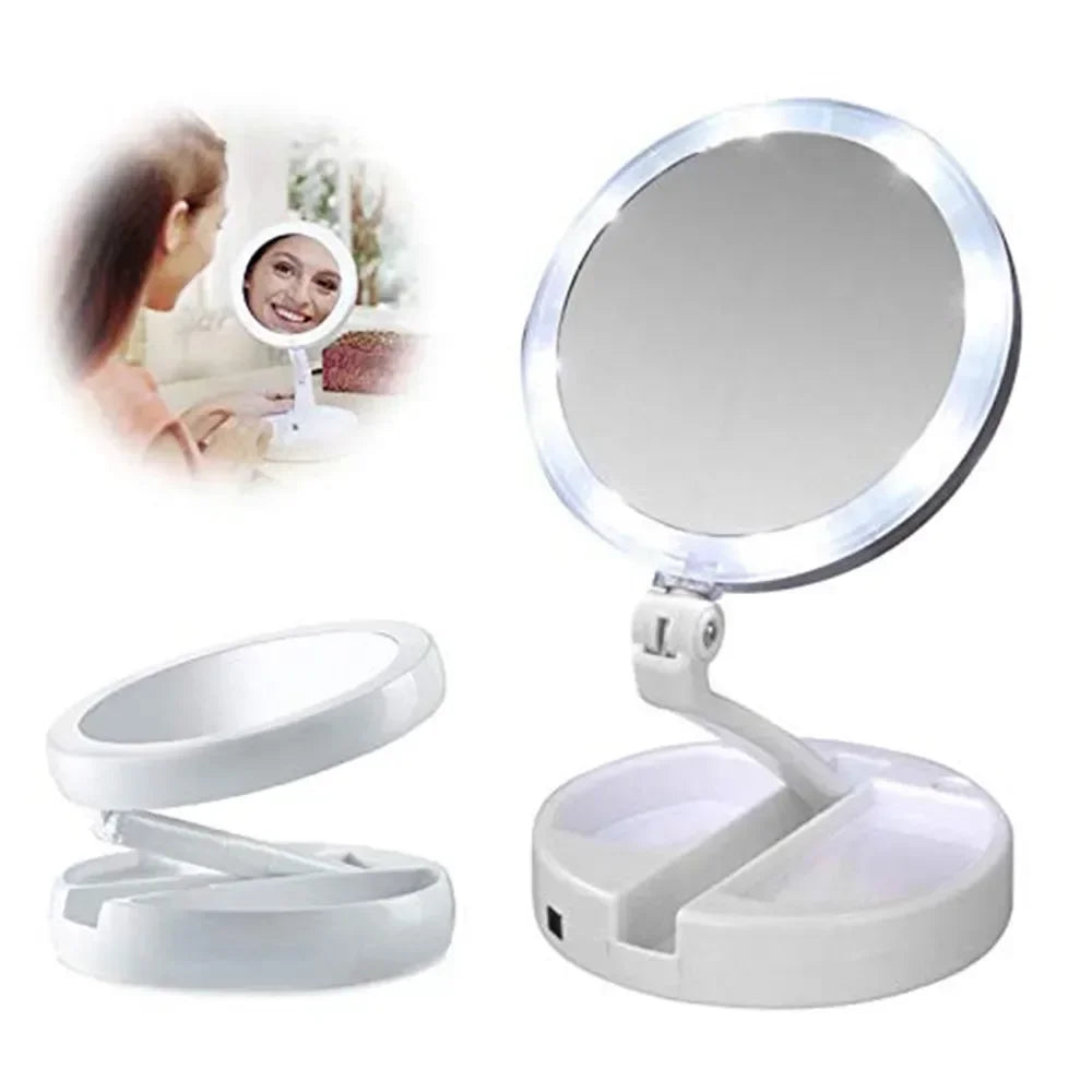 Makeup Mirror With Light White LED Folding Portable Rotating 10x Magnifying Double Side Storage Tabletop Batteries USB Charging