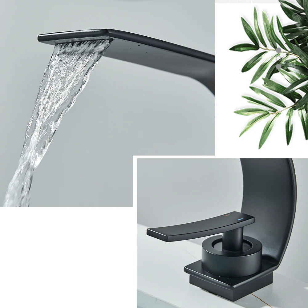 Black Thin style Bathroom Sink Faucet  Modern Mixer Hot Cold Water Tap Waterfall Deck Mounted Vessel Sink Faucet