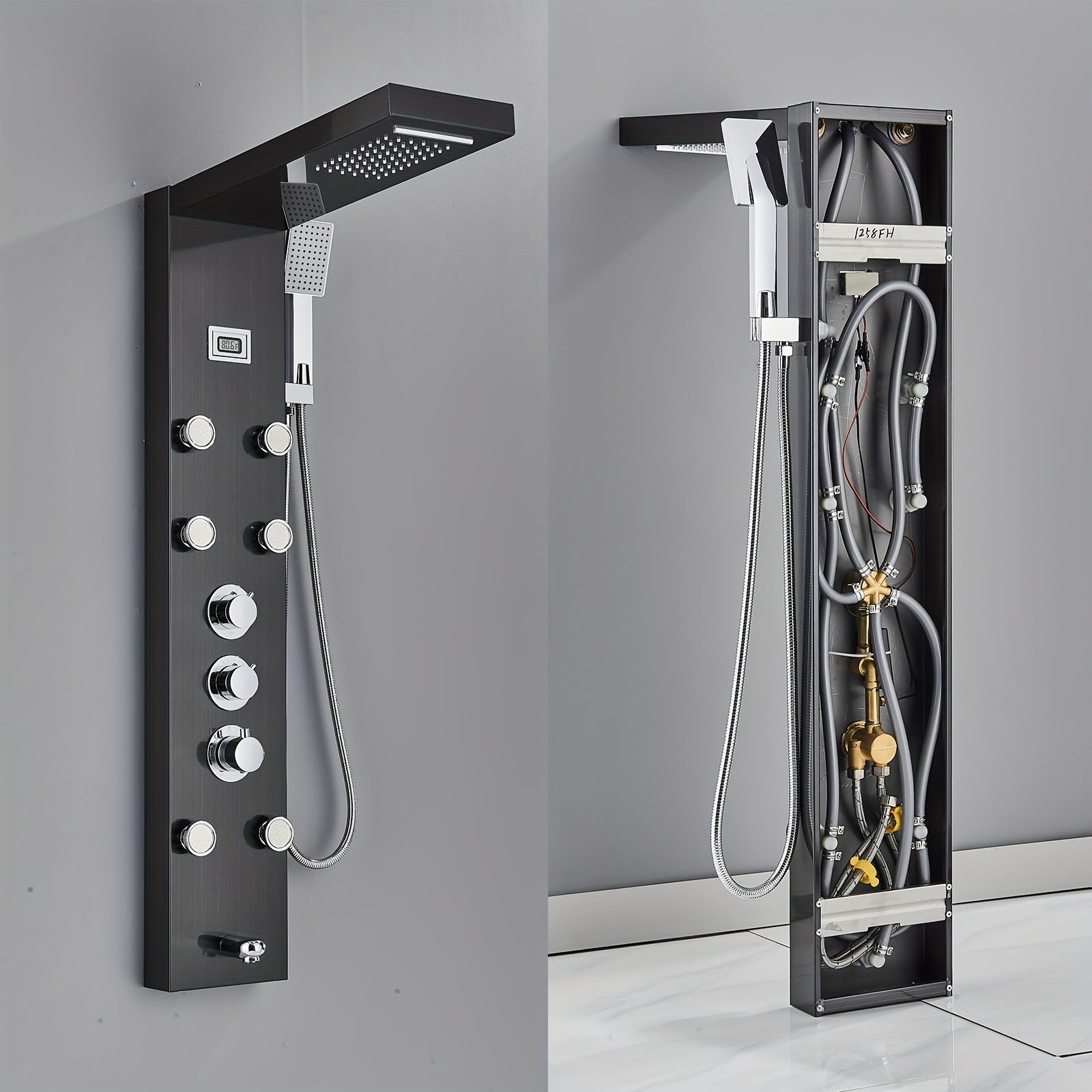 Shower Set for Bathroom, Black Massage Head, Rainfall Shower Panel with 5-Function Shower Tower, Shower Faucet, 5 Shower Modes: Rain And Waterfall Spray, Body Massage Nozzle, Handheld Sprayer, Bathtub Spout, Stainless Steel Shower Column Panel