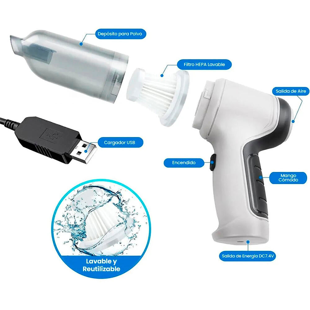 Aspirador de Mano Inalámbrico 4 en 1 con Soplador y Compresor, USB, para Hogar y Coche