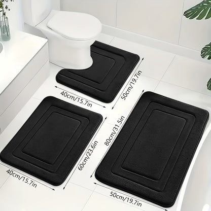 3pcs Memory Foam Bath Mat Set | Comfortable Standing Pad with U-Shaped Toilet Mat, Thick, Highly Absorbent Soft Carpet, Ideal for Bathroom/Shower, Non-Slip, Polyester Material
