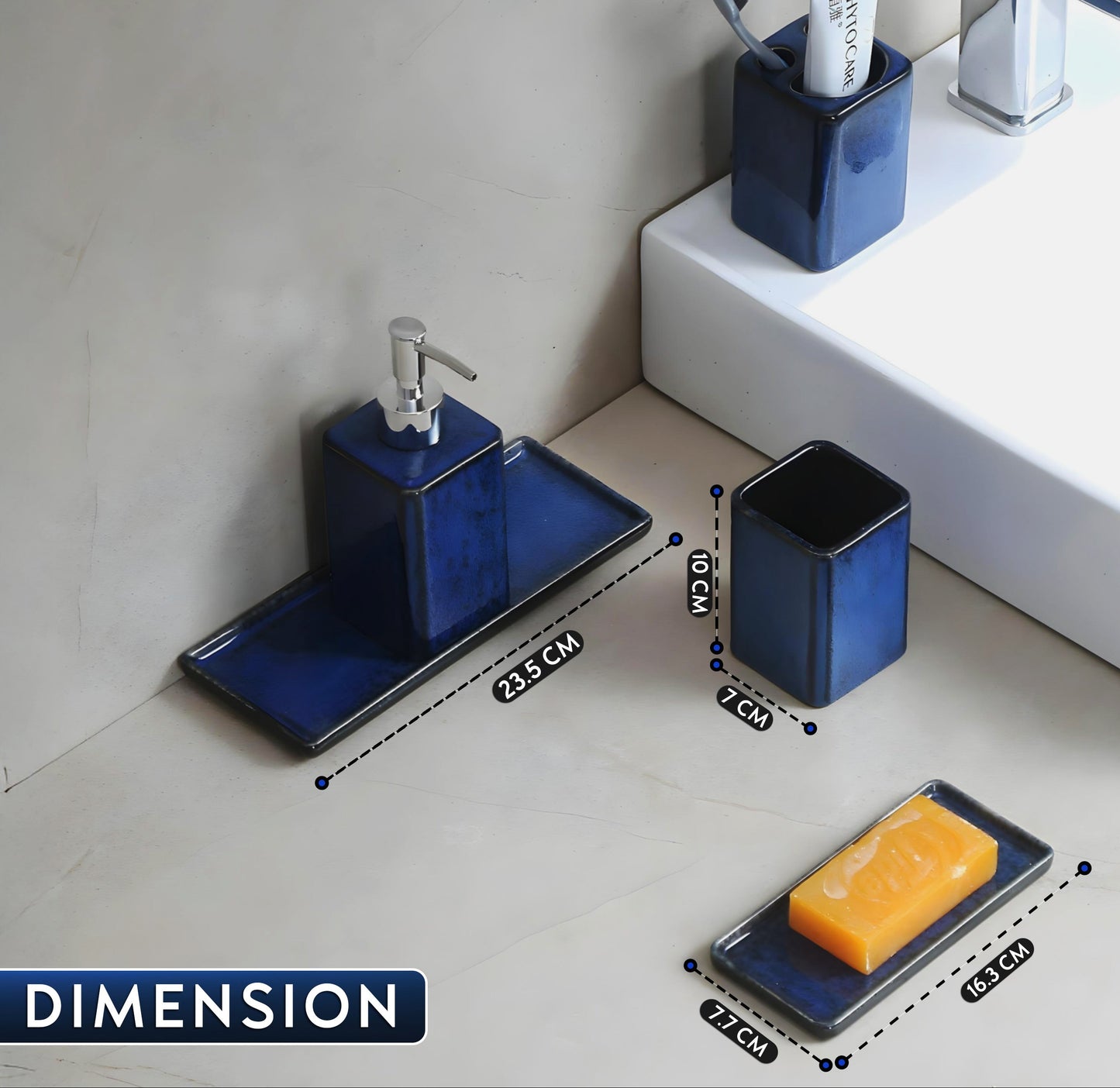 Zen Essence Fambe Collection | 5pcs Blue Bathroom Accessories Set | Soap Dispenser, Toothbrush Holder, Tumbler, Vanity Tray, & Multipurpose Holder | Decor Organiser