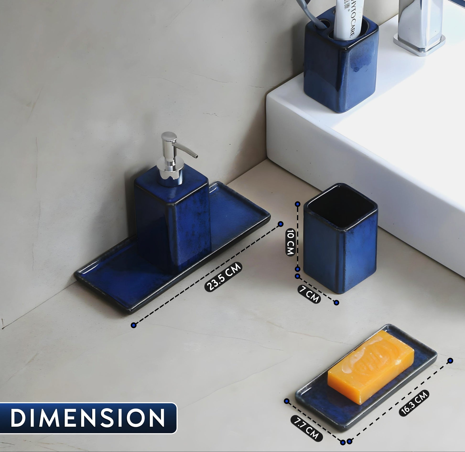 Zen Essence Fambe Collection | 5pcs Blue Bathroom Accessories Set | Soap Dispenser, Toothbrush Holder, Tumbler, Vanity Tray, & Multipurpose Holder | Decor Organiser