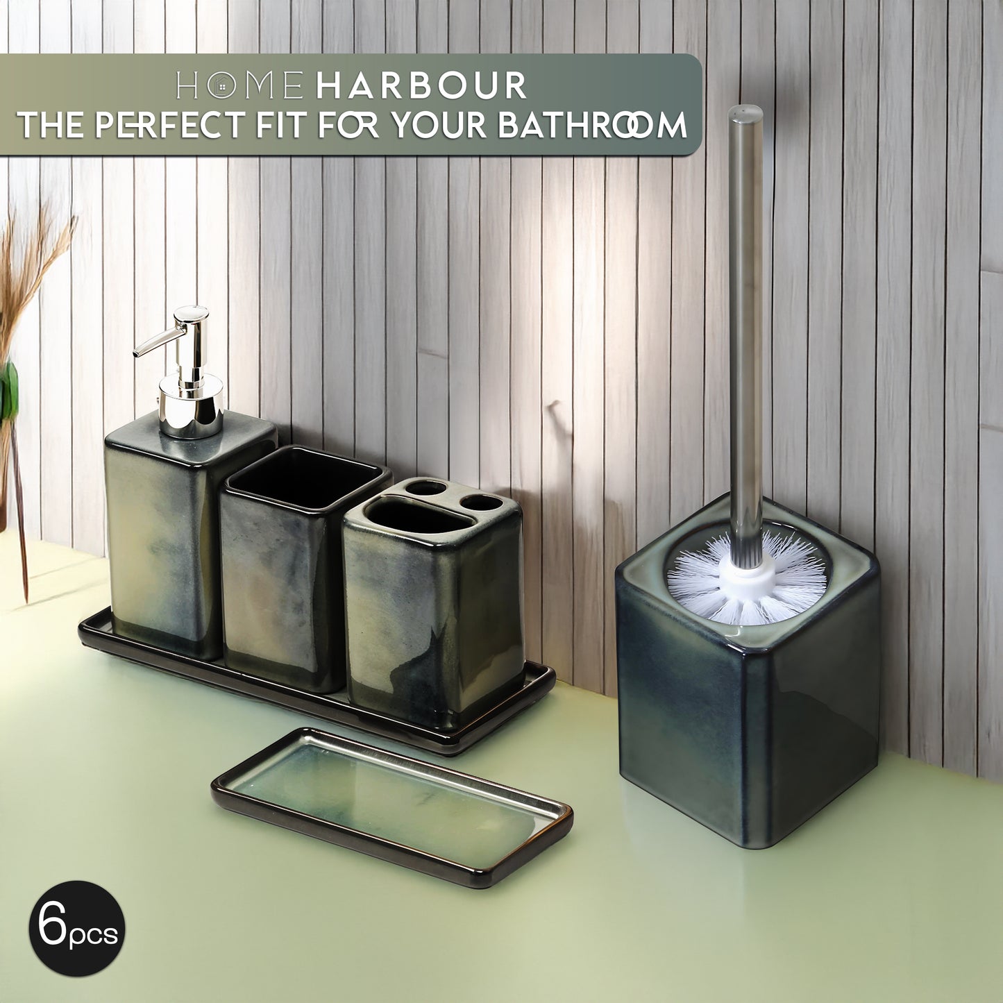 Zen Essence Fambe Collection | 5pcs Blue Bathroom Accessories Set | Soap Dispenser, Toothbrush Holder, Tumbler, Vanity Tray, & Multipurpose Holder | Decor Organiser