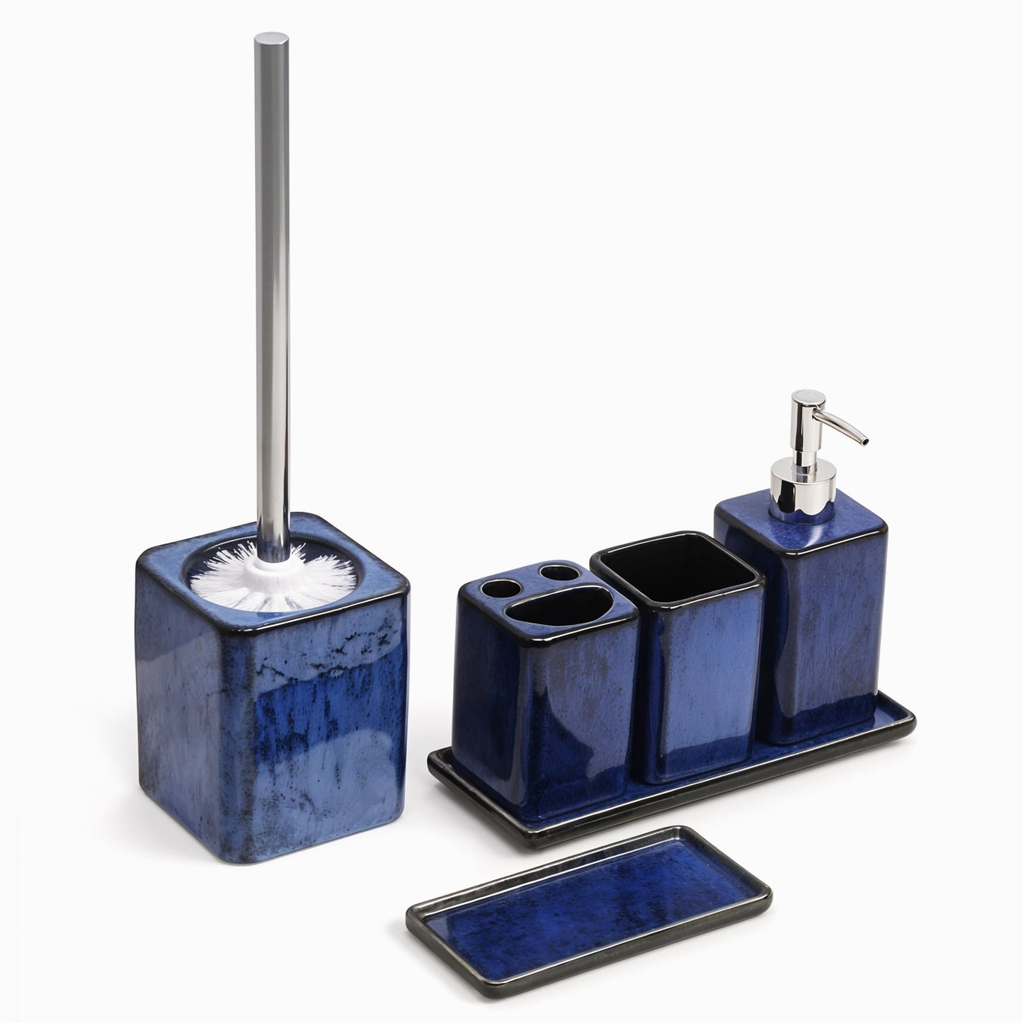 Zen Essence Fambe Collection | 5pcs Blue Bathroom Accessories Set | Soap Dispenser, Toothbrush Holder, Tumbler, Vanity Tray, & Multipurpose Holder | Decor Organiser