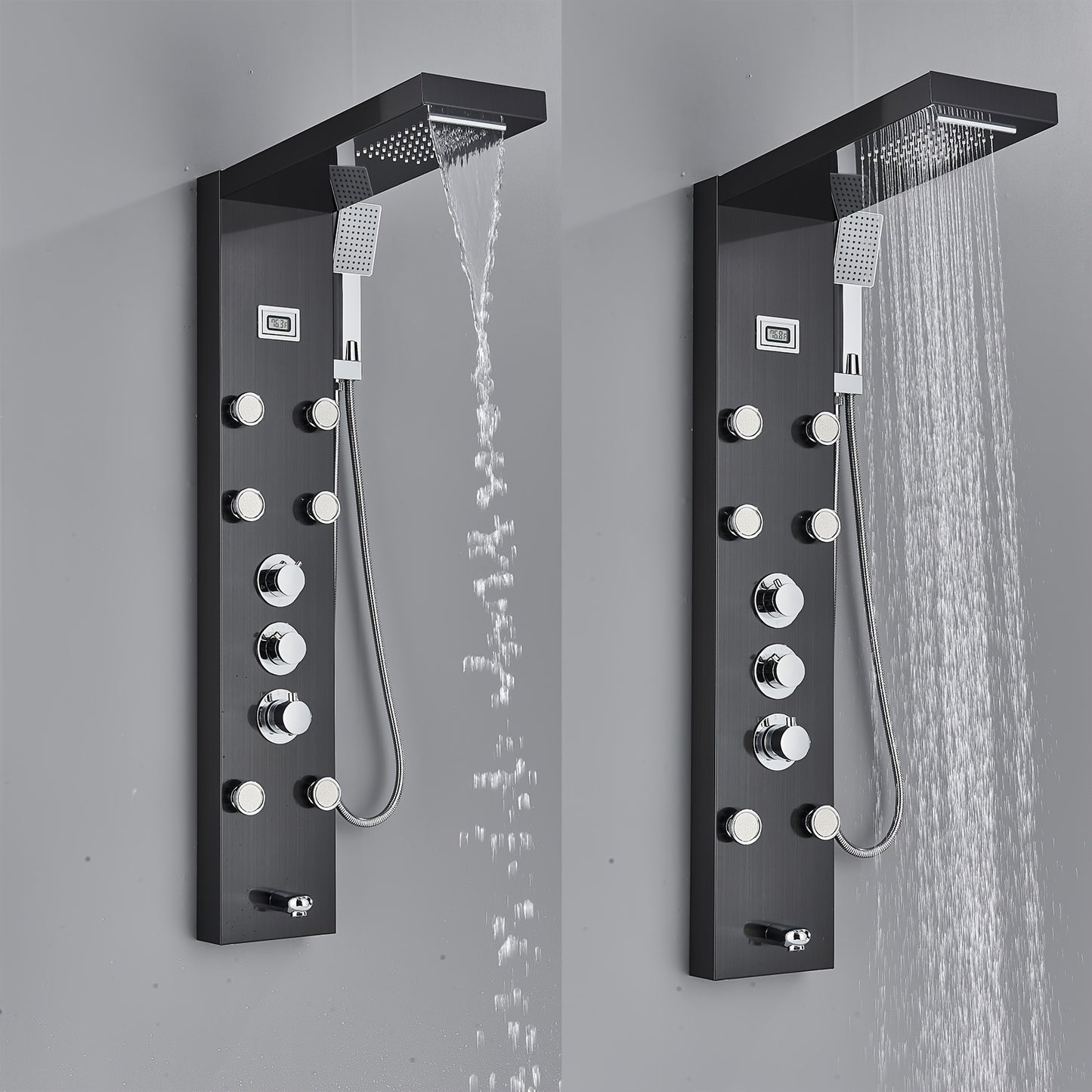 Shower Set for Bathroom, Black Massage Head, Rainfall Shower Panel with 5-Function Shower Tower, Shower Faucet, 5 Shower Modes: Rain And Waterfall Spray, Body Massage Nozzle, Handheld Sprayer, Bathtub Spout, Stainless Steel Shower Column Panel