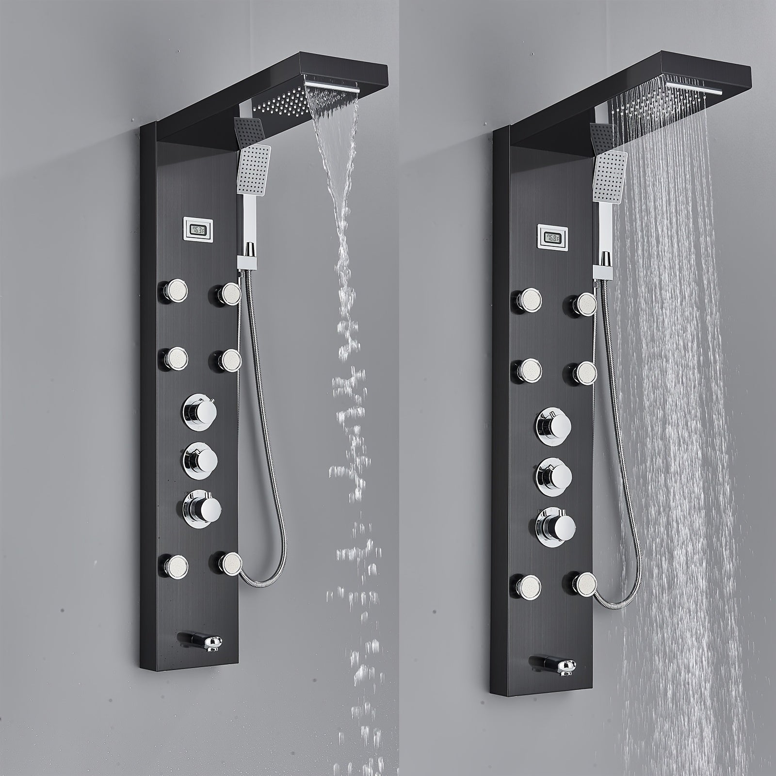 Shower Set for Bathroom, Black Massage Head, Rainfall Shower Panel with 5-Function Shower Tower, Shower Faucet, 5 Shower Modes: Rain And Waterfall Spray, Body Massage Nozzle, Handheld Sprayer, Bathtub Spout, Stainless Steel Shower Column Panel
