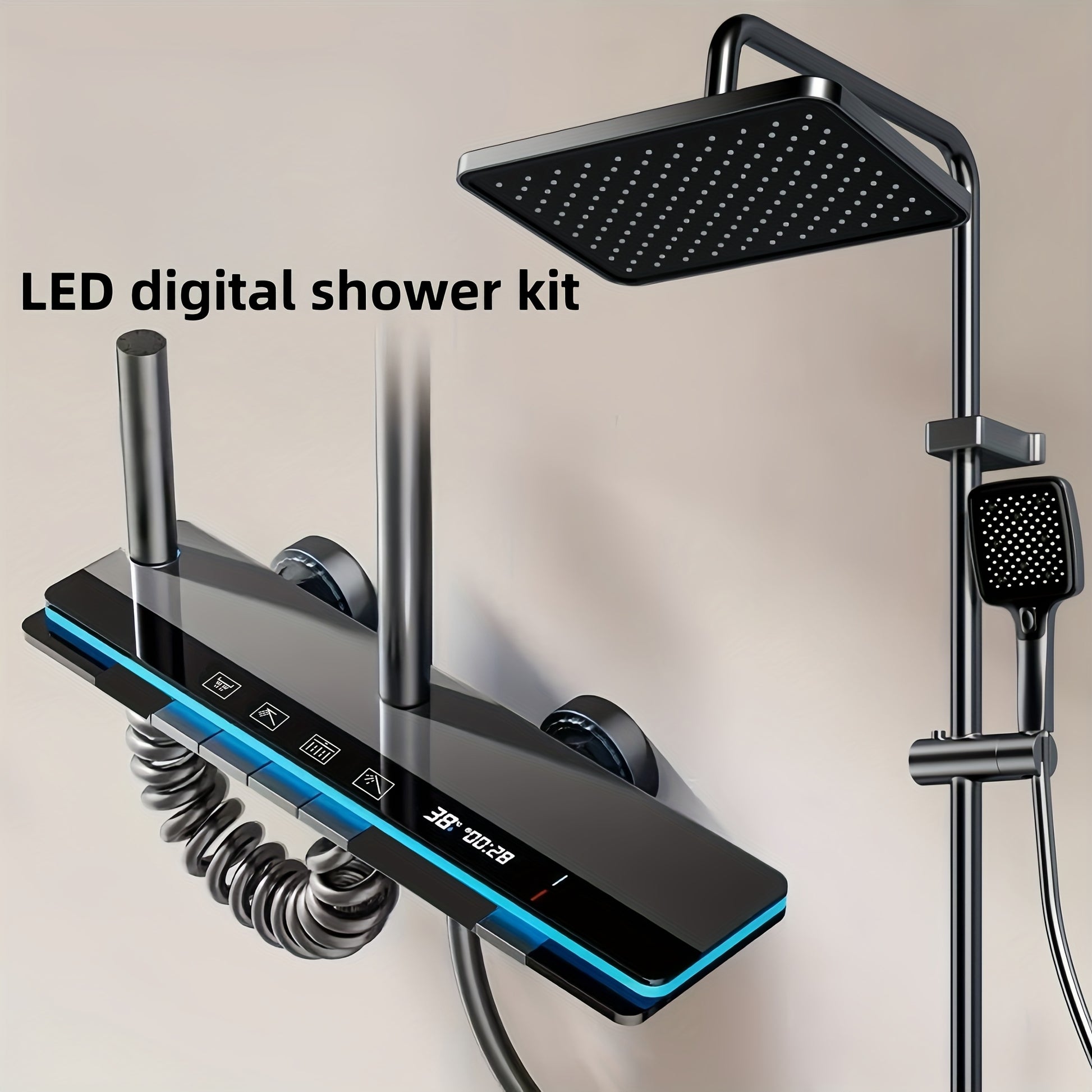 Luxury LED Shower System with Digital Shower Controller, Showerhead and Body Spray Head - Modern Black/blue Design, Durable Aluminum Structure, Temperature Controlled Shower Experience, Easy to Install, Ideal Bathroom Upgrade Gift, Shower Kit, for