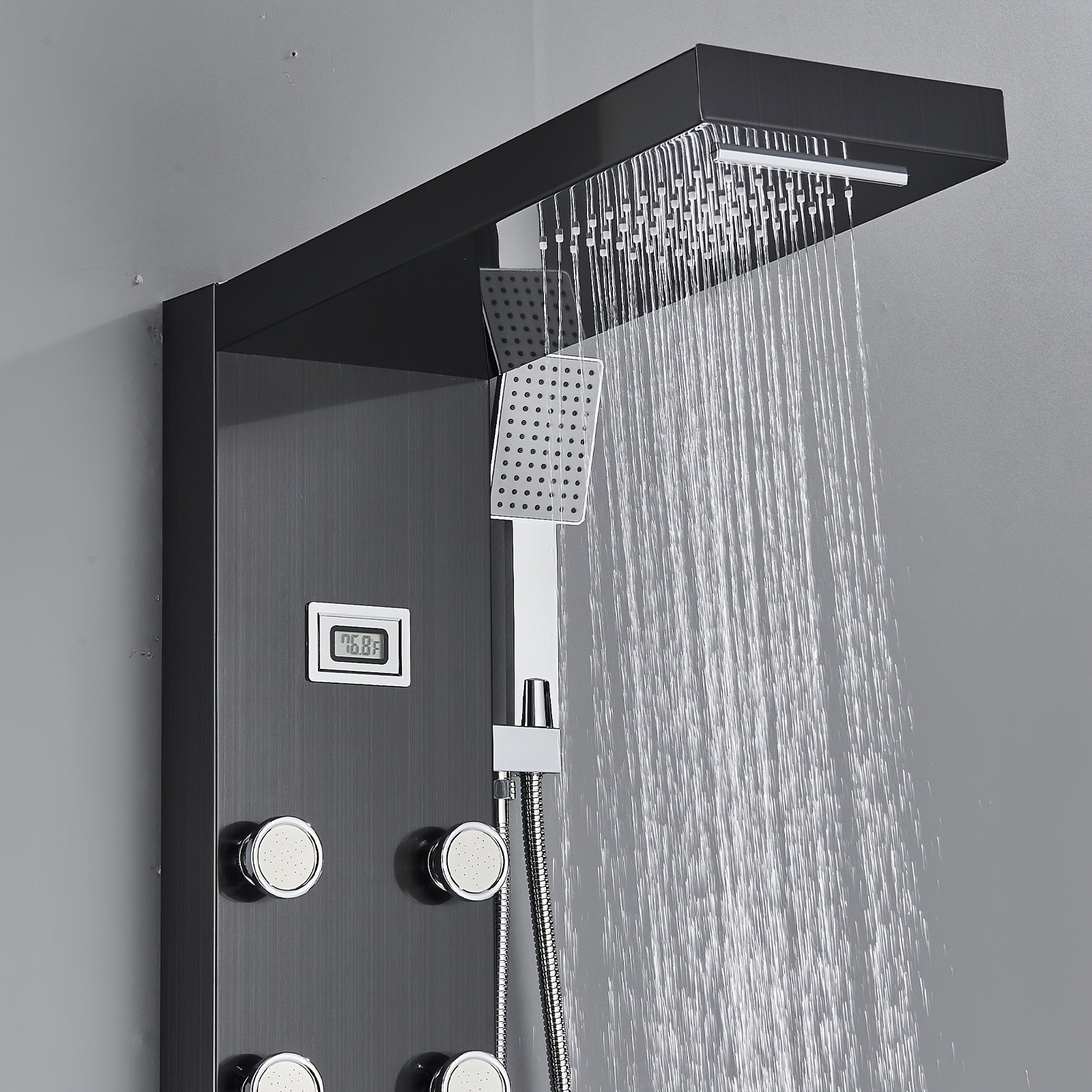 Shower Set for Bathroom, Black Massage Head, Rainfall Shower Panel with 5-Function Shower Tower, Shower Faucet, 5 Shower Modes: Rain And Waterfall Spray, Body Massage Nozzle, Handheld Sprayer, Bathtub Spout, Stainless Steel Shower Column Panel
