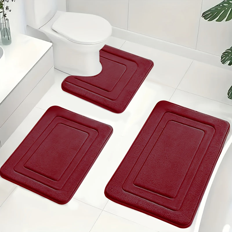 3pcs Memory Foam Bath Mat Set | Comfortable Standing Pad with U-Shaped Toilet Mat, Thick, Highly Absorbent Soft Carpet, Ideal for Bathroom/Shower, Non-Slip, Polyester Material