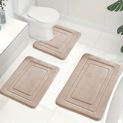 3pcs Memory Foam Bath Mat Set | Comfortable Standing Pad with U-Shaped Toilet Mat, Thick, Highly Absorbent Soft Carpet, Ideal for Bathroom/Shower, Non-Slip, Polyester Material
