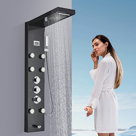 Shower Set for Bathroom, Black Massage Head, Rainfall Shower Panel with 5-Function Shower Tower, Shower Faucet, 5 Shower Modes: Rain And Waterfall Spray, Body Massage Nozzle, Handheld Sprayer, Bathtub Spout, Stainless Steel Shower Column Panel