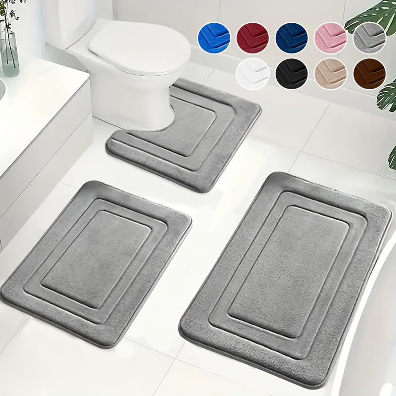 3pcs Memory Foam Bath Mat Set | Comfortable Standing Pad with U-Shaped Toilet Mat, Thick, Highly Absorbent Soft Carpet, Ideal for Bathroom/Shower, Non-Slip, Polyester Material