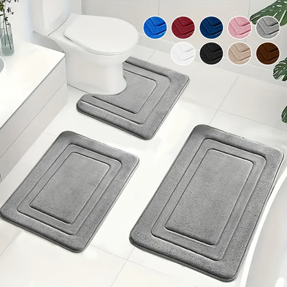 3pcs Memory Foam Bath Mat Set | Comfortable Standing Pad with U-Shaped Toilet Mat, Thick, Highly Absorbent Soft Carpet, Ideal for Bathroom/Shower, Non-Slip, Polyester Material